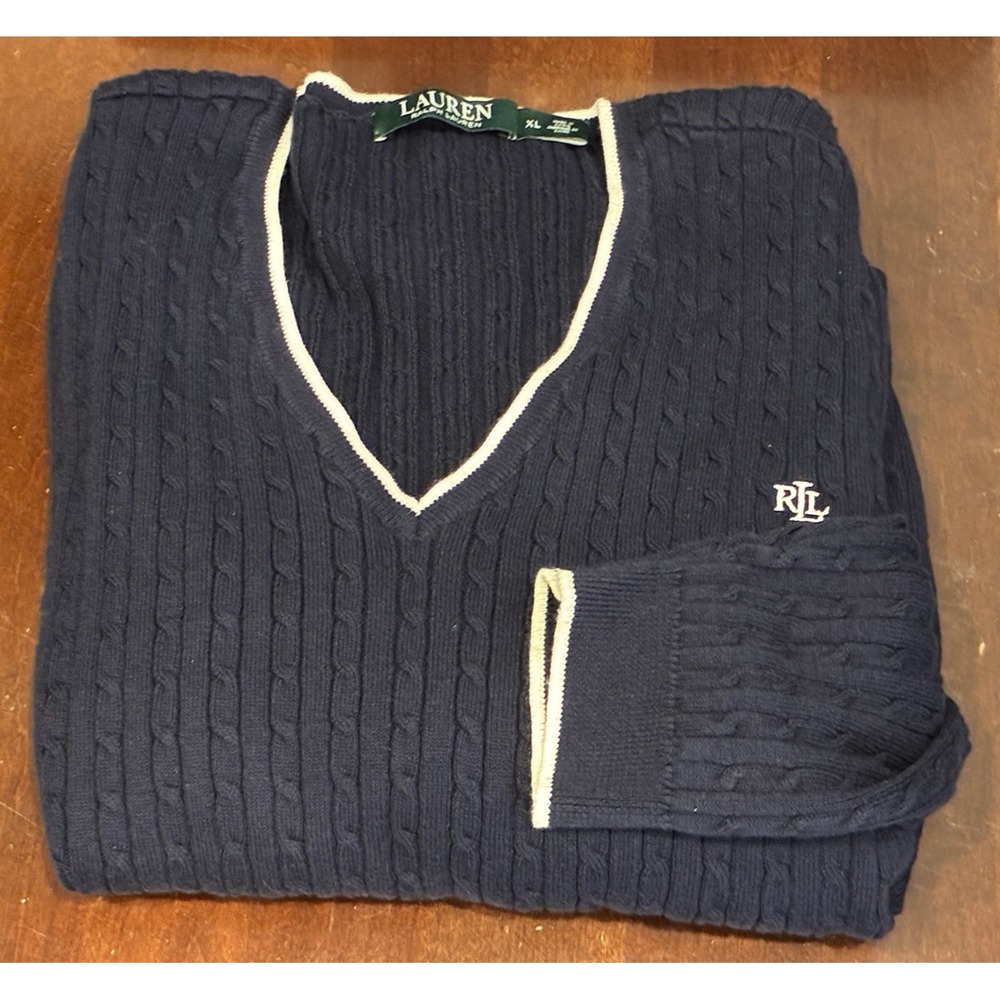 Lauren Ralph Lauren Womens Cable Knit Sweater XL Navy V-Neck Old Money Preppy - Picture 8 of 11